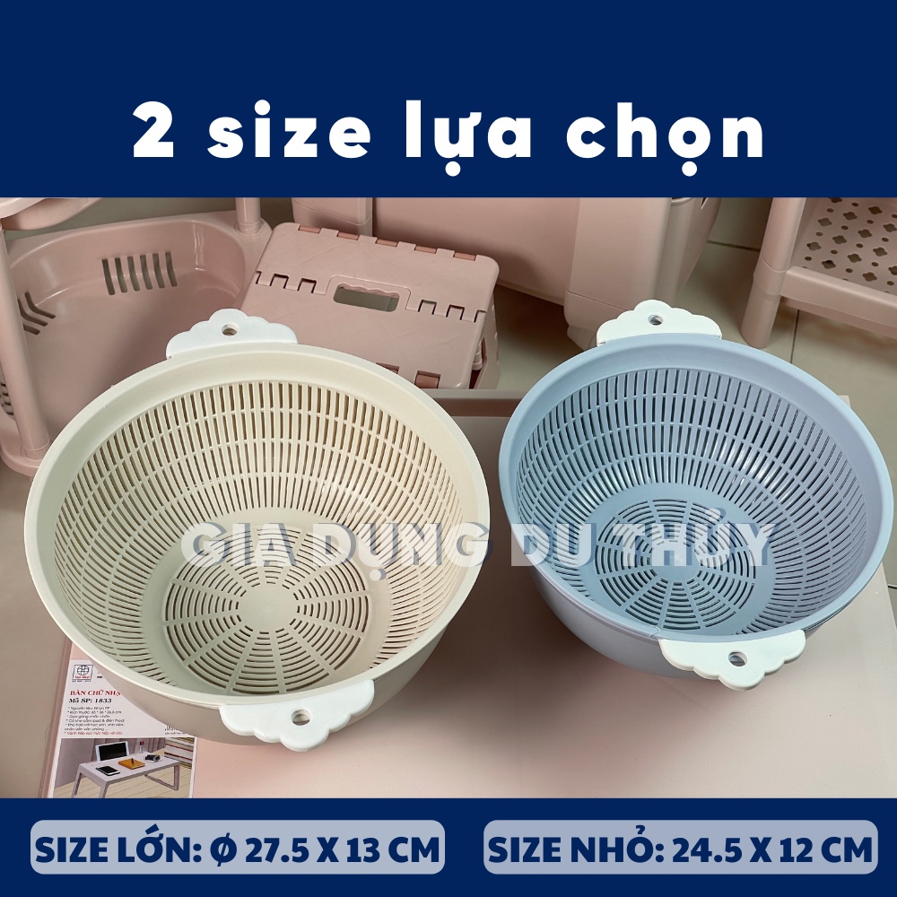 Bộ thau rổ nhựa rửa rau quả hình tròn màu pastel có tay cầm và lỗ xỏ dây treo tiện lợi nhựa PP đáy sâu - RỔ TAI 2 LỚP VN
