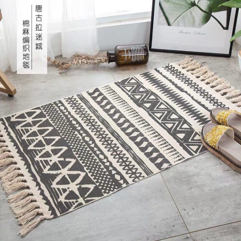 Thảm chùi chân tua rua decor phòng phong cách vintage 60x90cm màu đẹp