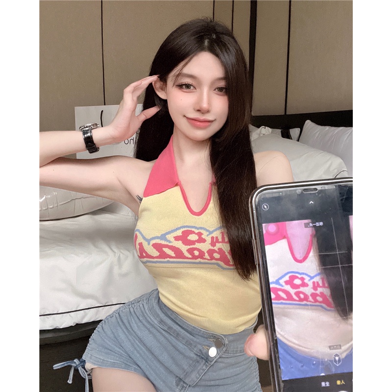 HUANG YOYO Áo Len Hai Dây Cột Nơ Màu Sắc Tương Phản Phong Cách Hàn Quốc Gợi Cảm Thời Trang Cho Nữ