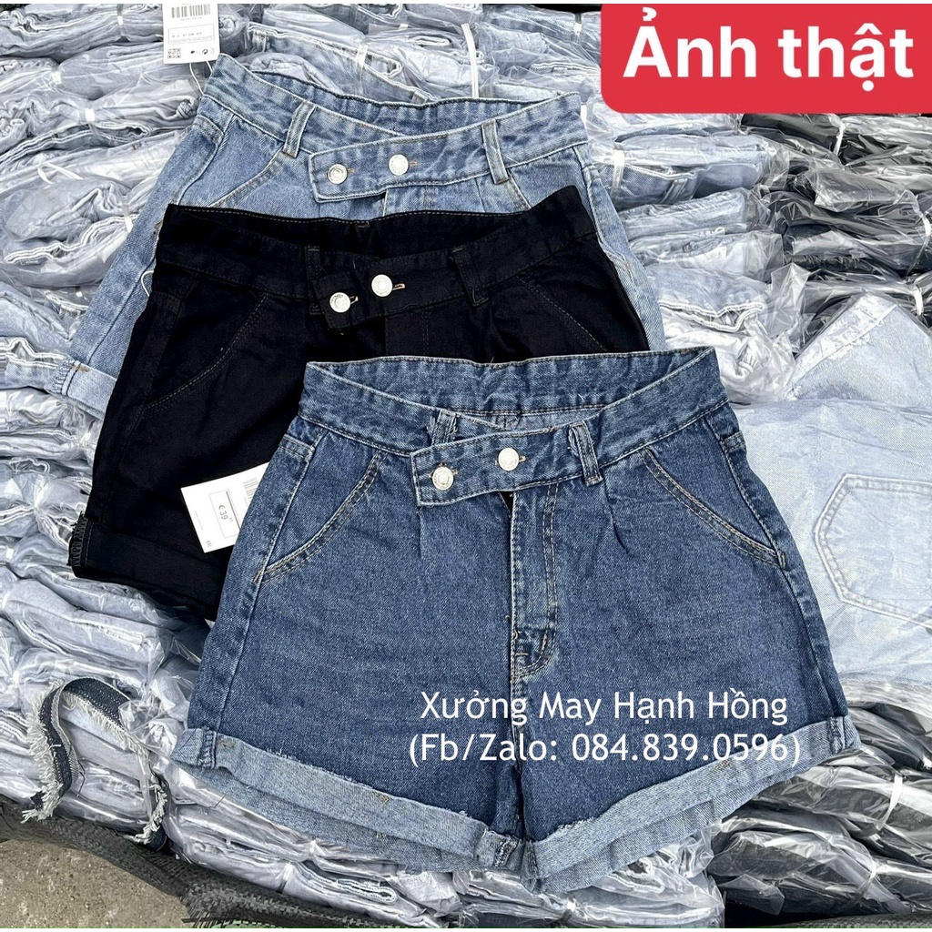 Quần short bò vạt lệch loại 1, Quần short jeans ngố bò 2 khuy ống rộng cá tính