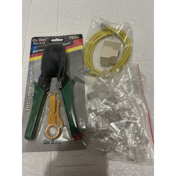 Kìm mạng xanh tặng kèm 20 đầu bấm rj45+ 1 nối mạng 1-1 + 1 sợi bấm sẵn 1.5m zin.