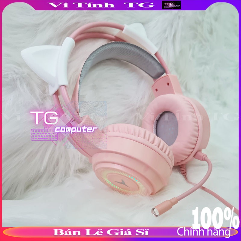 TAI NGHE TAI MÈO chụp tai có dây có mic màu hồng gaming dễ thương Vi tính TG TNTMMHNEW