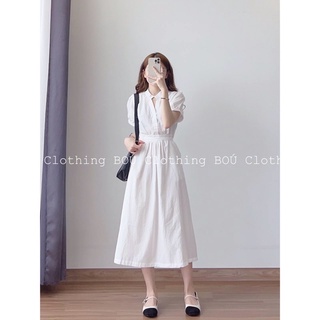 Đầm nữ midi dáng xoè cổ trụ tay phồng nhẹ nhàng, thanh lịch (Ảnh thật)