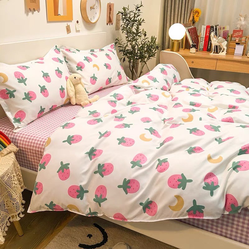 Set Chăn Ga Cotton Poly Dâu Ga Caro