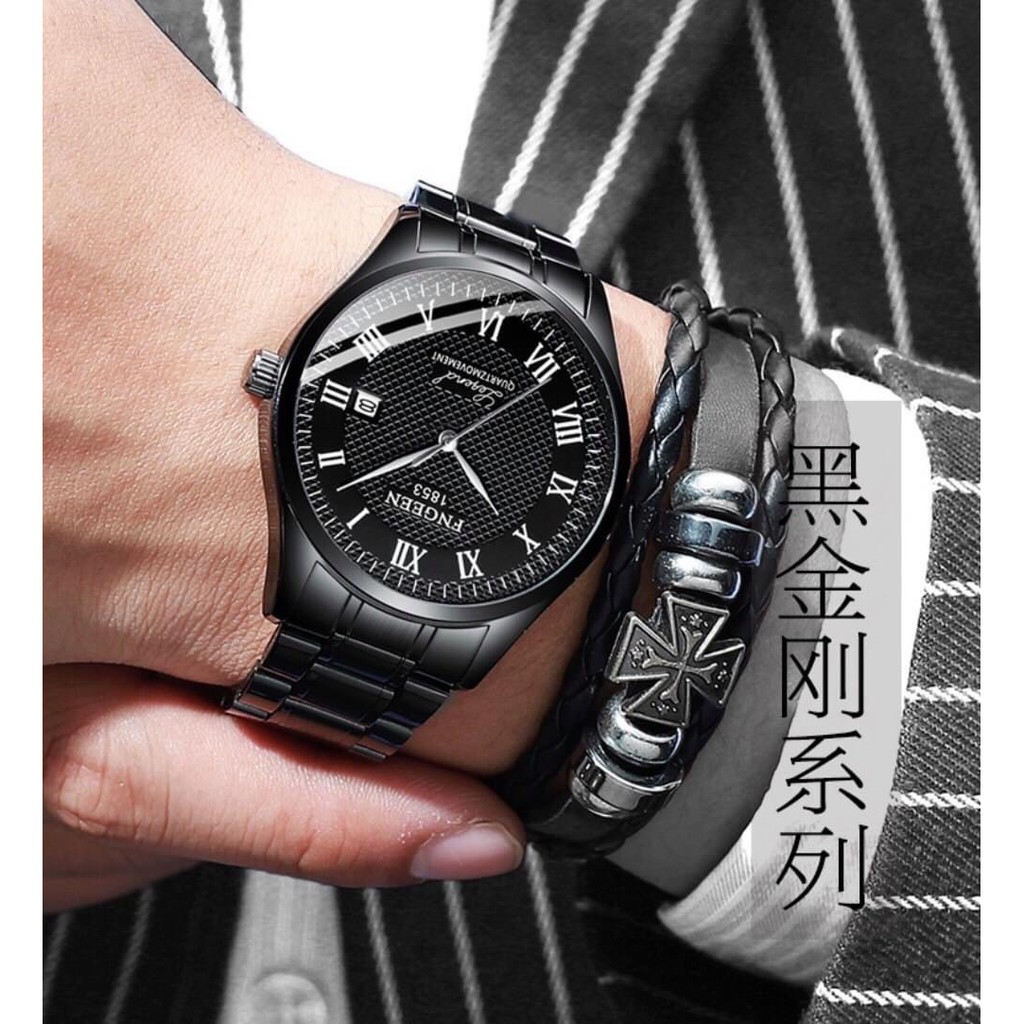 Đồng hồ nam FNGEEN F2LM mătj tròn số la mã có lịch ngày, dây thép không gỉ