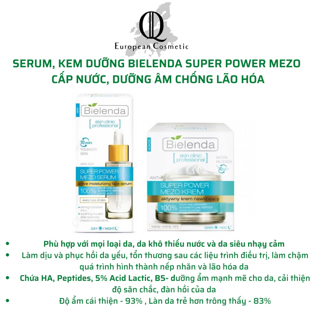 Serum, Kem Dưỡng Ẩm Bielenda Super Power Mezo Moisturizing cấp ẩm da khô, da nhạy cảm, làm dịu da, phục hồi da căng bóng