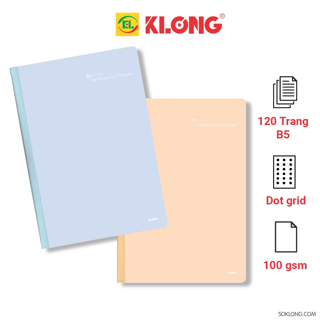 Vở 120 trang ruột chấm Dot Grid may dán gáy B5 MS 838 Klong, cuốn tập sổ Klong [Chọn Màu]