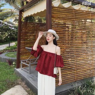 Áo lụa suông trễ vai tay phồng