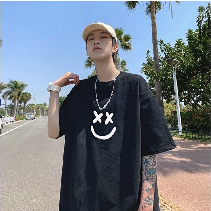 Áo thun unisex tay lỡ form rộng , áo phông nam nữ form rộng chất cotton mát mịn thấm hút mồ hôi in hình mặt cười DH005