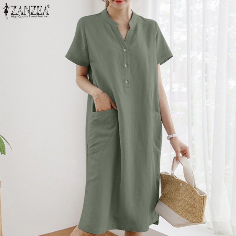 Đầm ZANZEA midi tay ngắn cổ chữ v có túi trước thời trang cho nữ