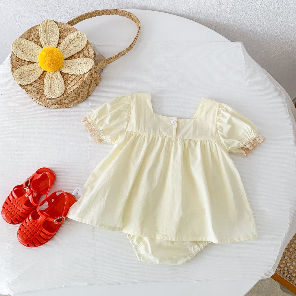 Đầm Công Chúa Ngắn Tay Thêu Hoa Cho Bé Gái