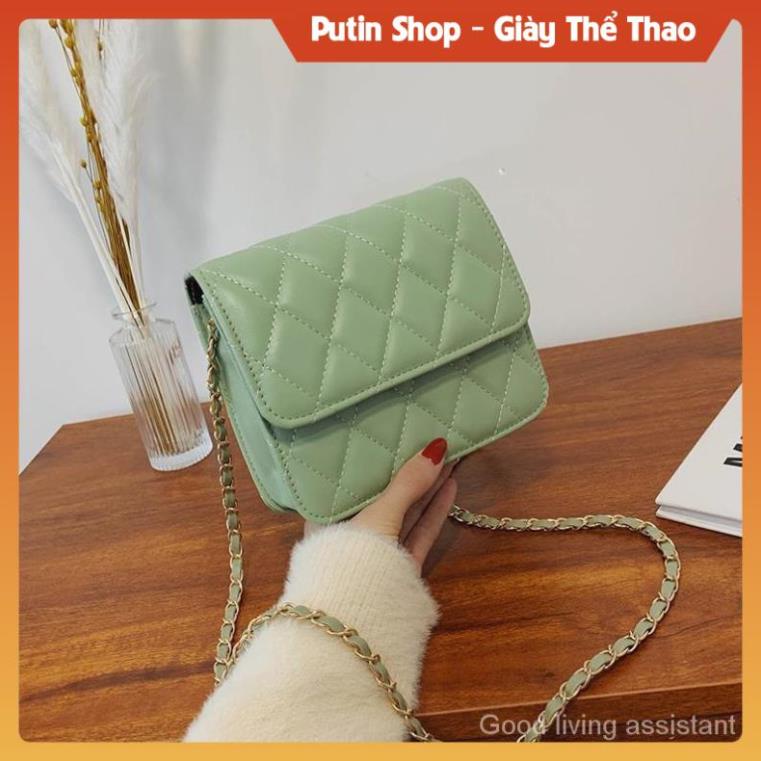 Túi xách đeo chéo phối dây xích phong cách Hàn quốc, Túi xách khoác vai caro các màu trắng kem đen xịn sò