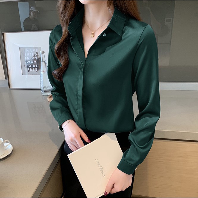 Áo Sơ Mi Nữ Công Sở Màu Xanh Lá Cổ Đức CHIPY Kiểu Hàn Quốc Vintage Ulzzang Form Rộng Dài Tay Đẹp Chất Lụa Cao Cấp A2X | BigBuy360 - bigbuy360.vn