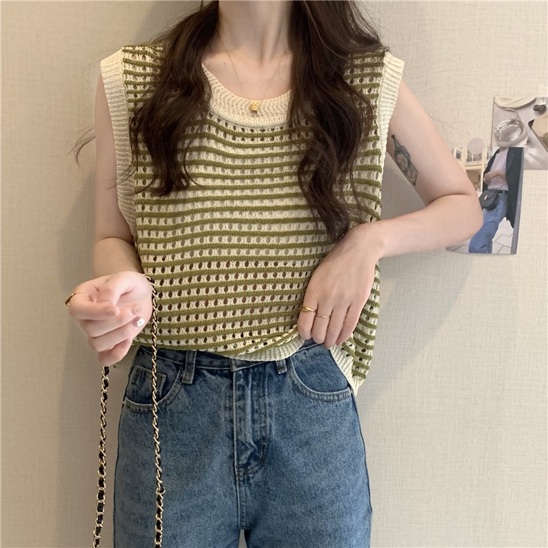 622189#Áo Dệt Kim Không Tay Dáng Rộng Họa Tiết Kẻ Sọc Thời Trang Mùa Hè Cho Nữ
