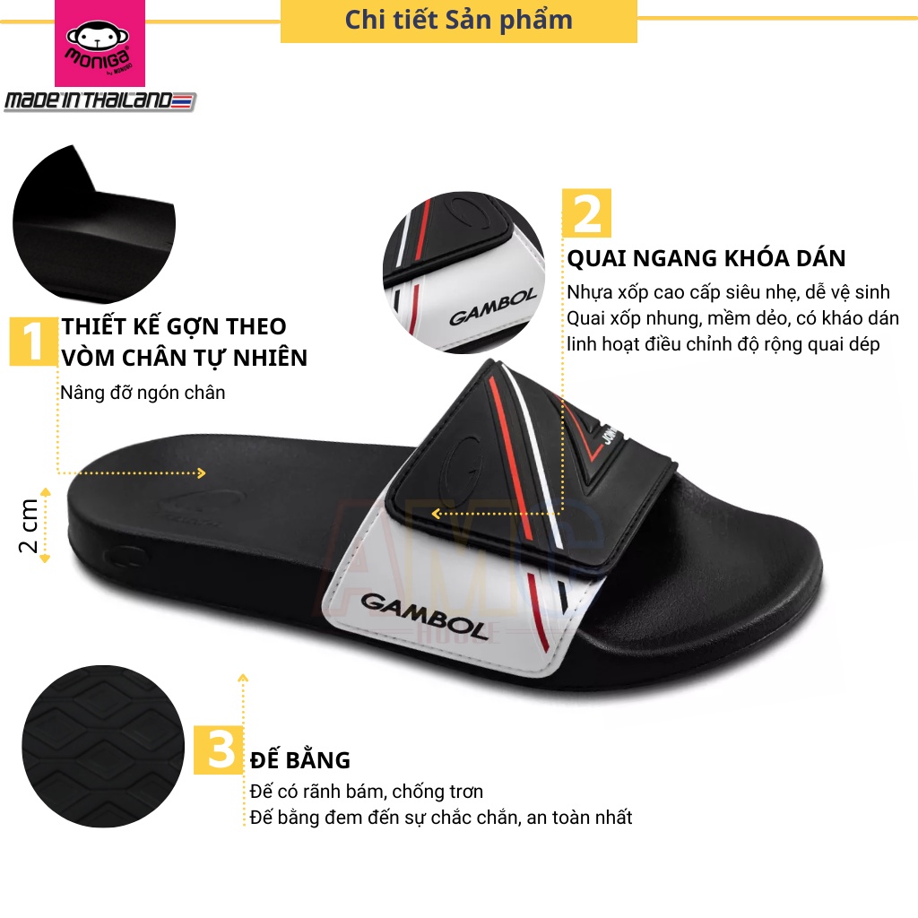 Dép Thái Lan unisex quai ngang khóa xé dán siêu nhẹ siêu êm GAMBOL - GM43114 size nam nữ