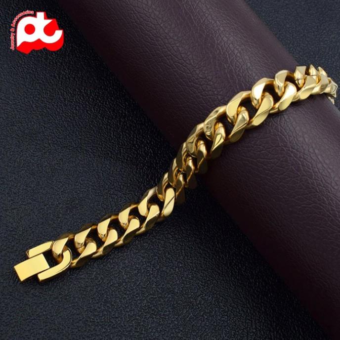 Lắc tay nam lặc đơn kiểu vác cạnh titan cao cấp rẻ đẹp khóa bộ thép không gỉ PT JEWELRY cỡ 13mm mạ vàng PTLTNA14