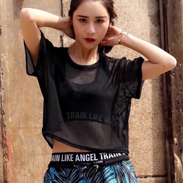 Áo Lưới Thể Thao Hai Màu, Áo Lưới Croptop Tập Gym Yoga Quàng Châu [Ảnh Chụp Thật] - OA004