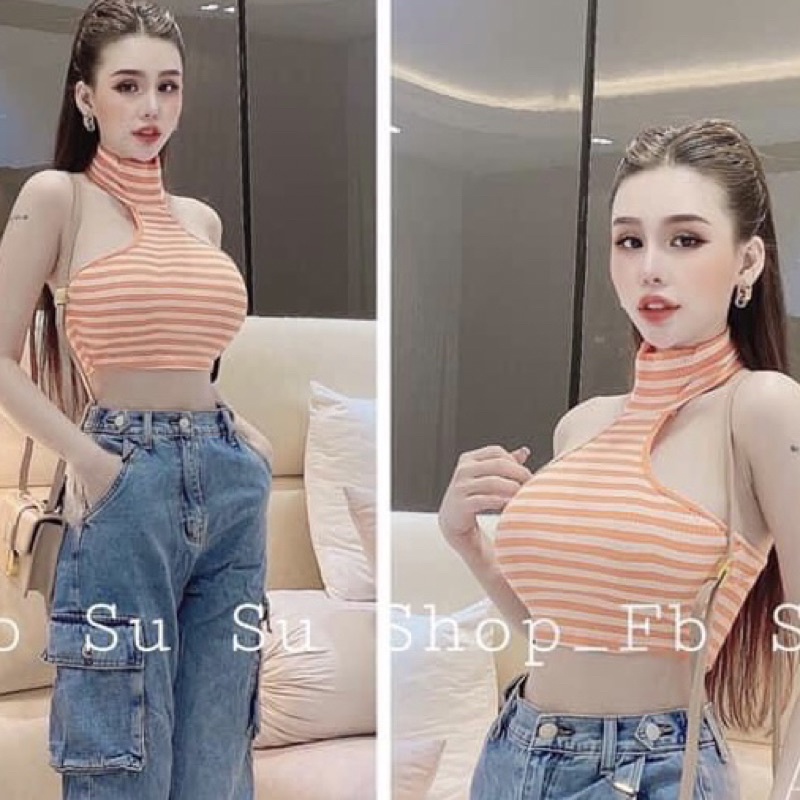 Áo kiểu yếm trễ vai gài cúc cổ croptop body chất vải thun gân len 4 chiều FreeSize, phối sọc hở tay