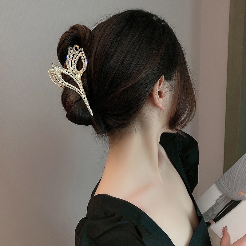 Kẹp tóc hoa Tulips tinh tế đính đá đính ngọc kẹp tóc sang trọng nữ tính sau đầu phong cách Hàn Quốc