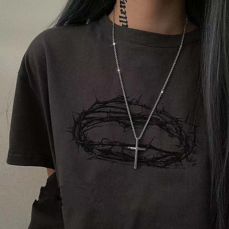 European and American temperament simple cross titanium steel necklace female hip hop minority design sense personality versatile long sweater chain