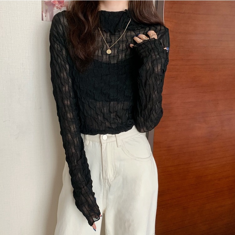 Áo lưới ren mỏng tay dài cổ cao thời trang cho nữ MS77