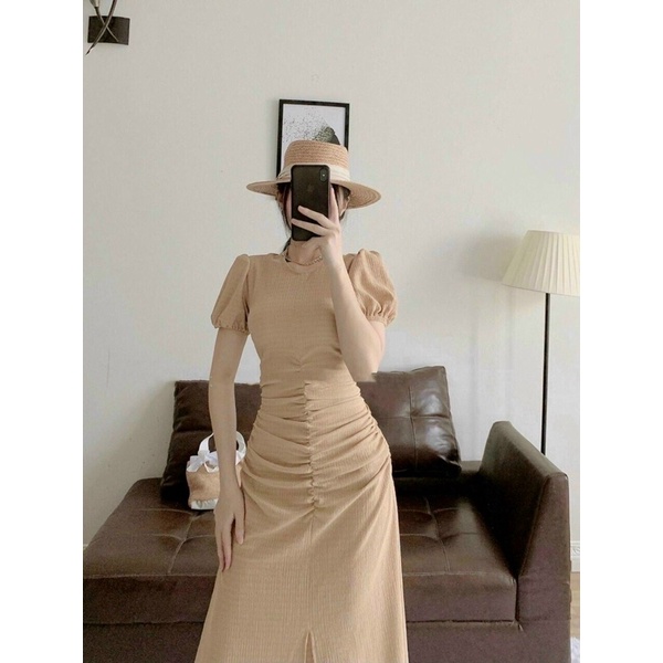 Đầm công sở tiểu thư nhún eo chất xốp vân nổi xinh xinh