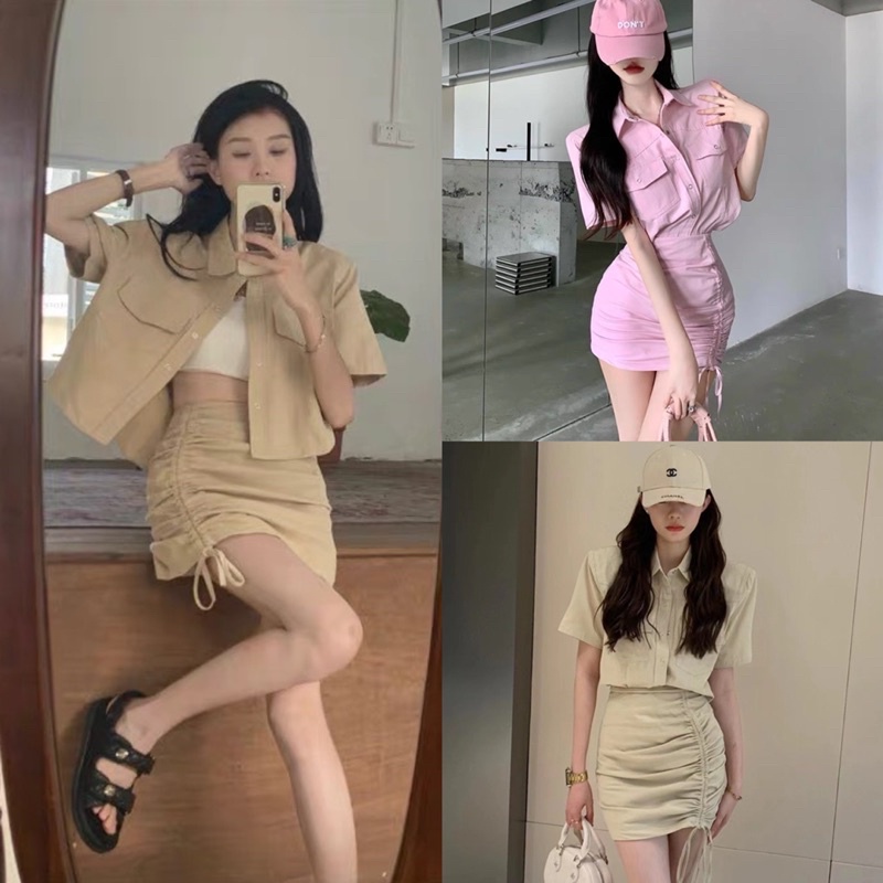 Set Áo Sơmi Mix Chân Váy Rút Dây 4 Màu Cá Tính Có Ảnh Thật