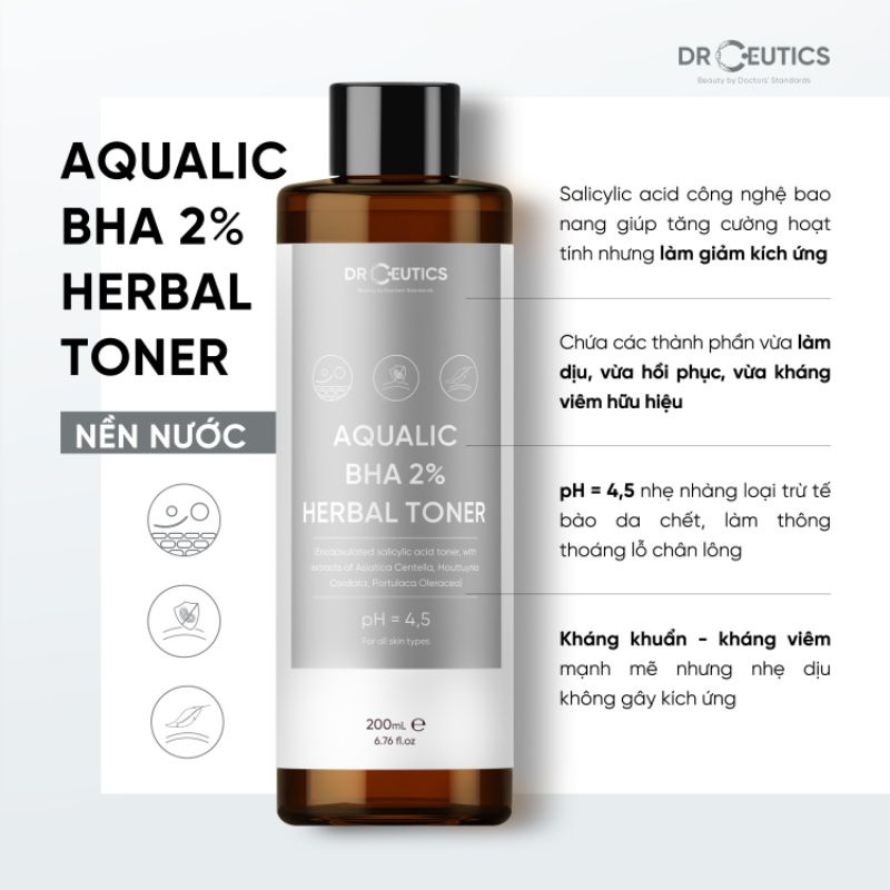 Toner Drceutics nền nước dành cho da khô  AQUALIC BHA 2% HERBAL TONER 200ml - Út store