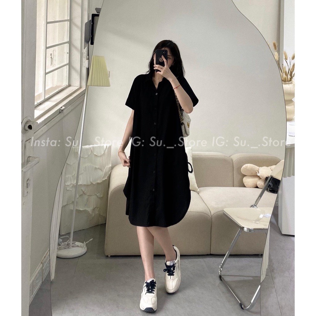 Váy Đầm Sơ Mi Ngắn Tay Cổ Đức Phối Túi Ngực Vạt Bầu Dáng Suông Chất Thô Mềm Phong Cách Thanh Lịch