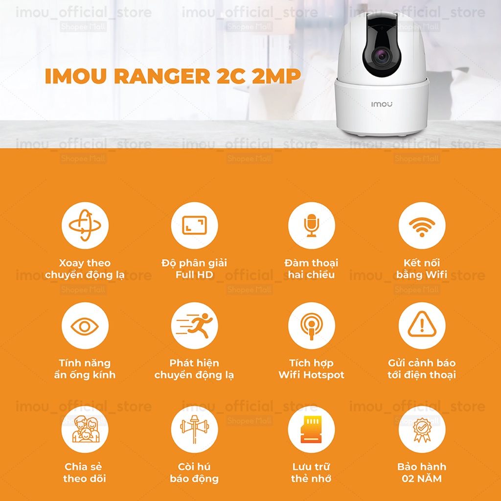 Camera Wifi 360 Imou Ranger 2C IPC-TA22CP - Cảm Biến Hồng Ngoại, Còi Hú Khi Có Chuyển Động - Bảo Hành 2 Năm