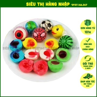 Kẹo có nhân con mắt/ trái đất/ quả bóng/ quả đào tiên/ quả dưa hấu/ siêu nhân/ người nhện Halloween