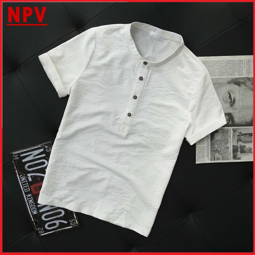 Áo phông đũi nam cộc tay NPV chất đũi thái mát thoáng khí, áo phông nam cổ tàu thời trang mặc chuẩn form