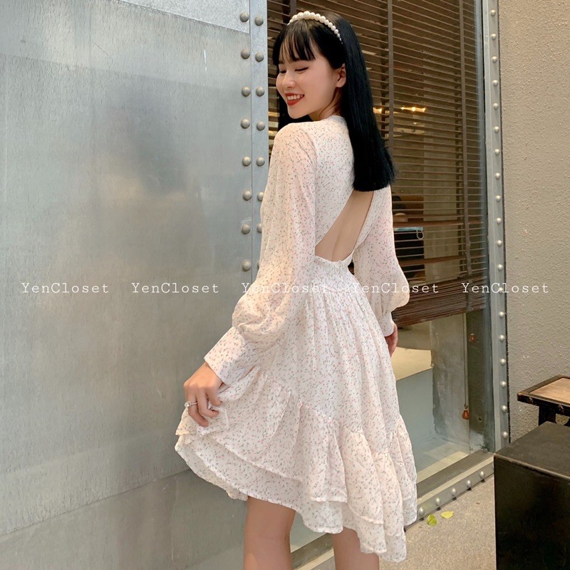 Hình chính chủ 𝗬𝗘𝗡𝗖𝗟𝗢𝗦𝗘𝗧 - đầm hoa nhí tay dài hở lưng