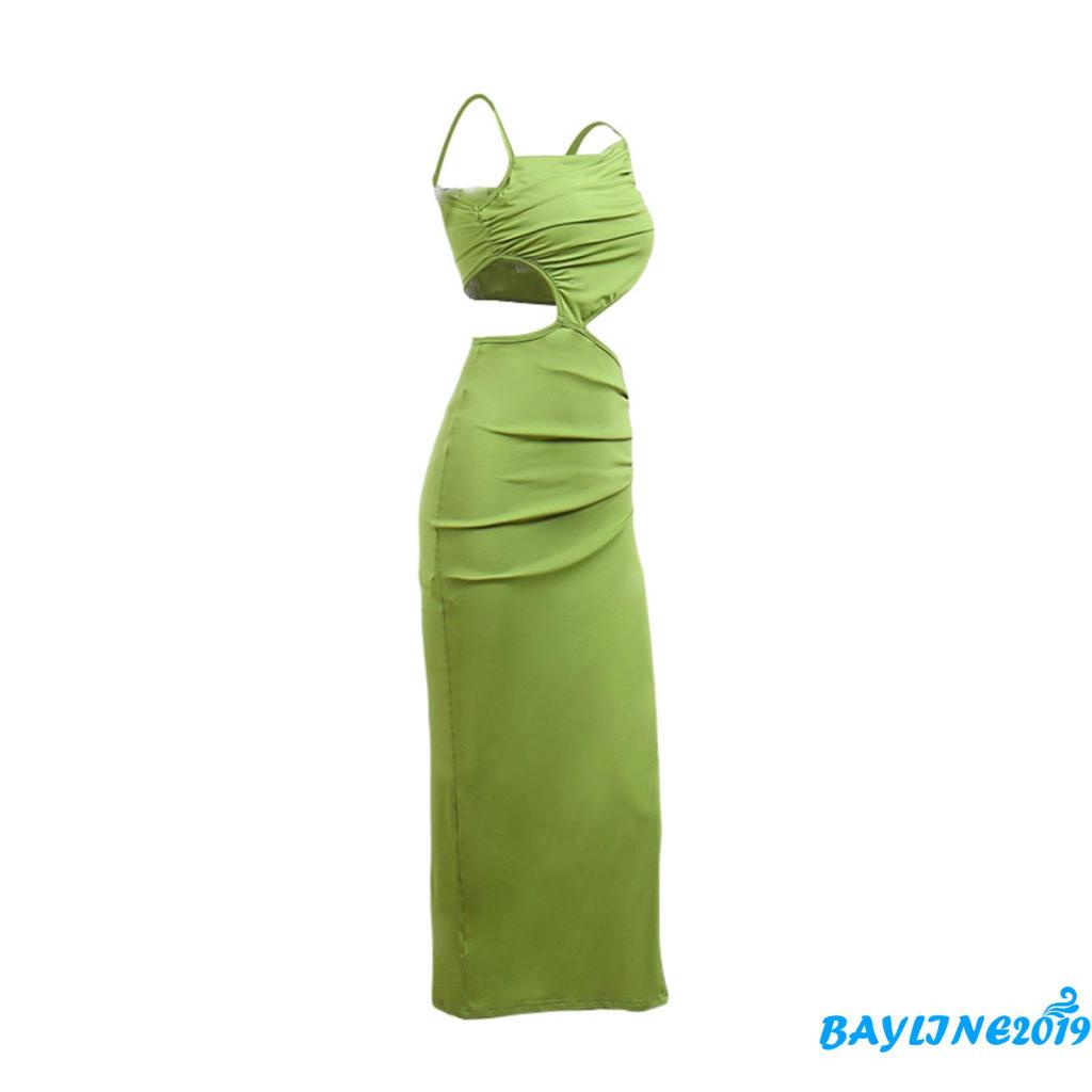 BAY-Female Long Dress, Summer Solid Color Sleeveless Spaghetti Strap Hollow Out One-Piece with Drawstring, S/M/L