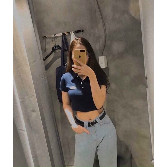 Áo croptop nữ cổ bẻ polo thêu hình 3 màu (trắng/đen/đỏ