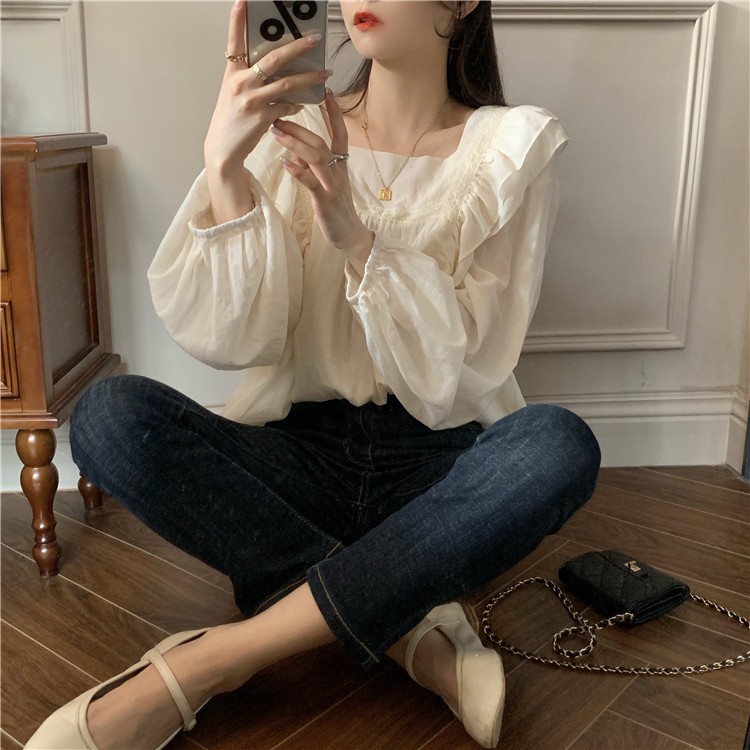 Áo sơ mi nữ voan tay phồng phối bèo vai cánh tiên điệu đà vintage Hàn Quốc