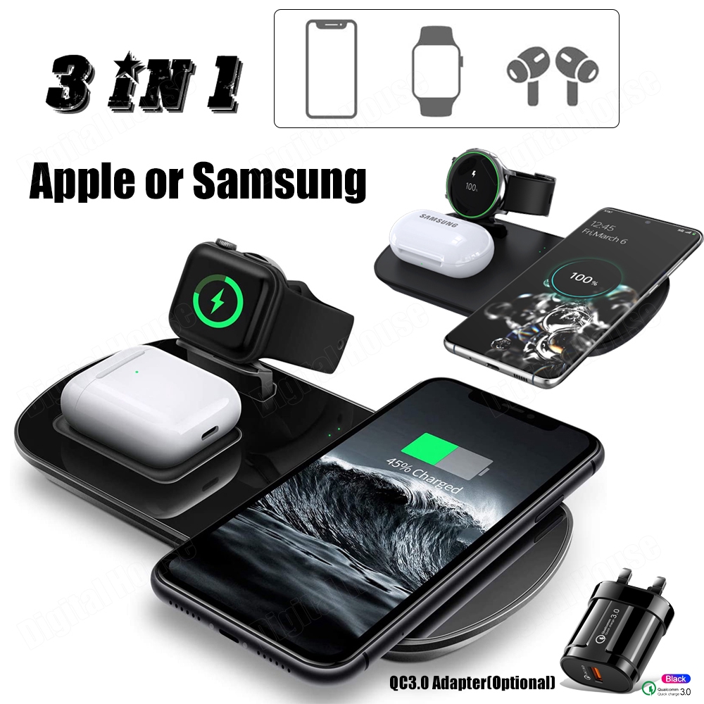 Đế Sạc Nhanh Không Dây 3 Trong 1 10W Cho Đồng Hồ Thông Minh Apple Samsung Galaxy Buds Và Các Loại Điện Thoại Khác