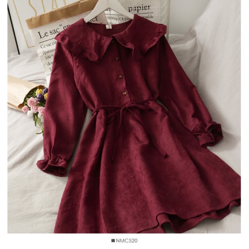 [Order/ không sẵn] Váy vintage dáng ngắn cổ bèo thắt eo. Đầm xoè dáng babydoll tay bồng