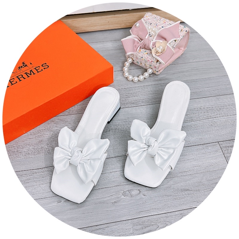 Dép nữ cao gót , Guốc quai nơ 4 cánh gót 3p nữ tính dễ đi