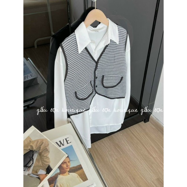 Áo gile dạ hoạ tiết kẻ zíc zắc ảnh thật