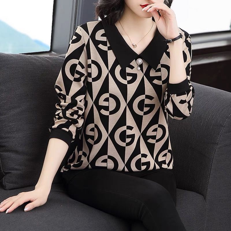 Áo thun tay dài dáng rộng in họa tiết thời trang xuân thu cho phụ nữ trung niên