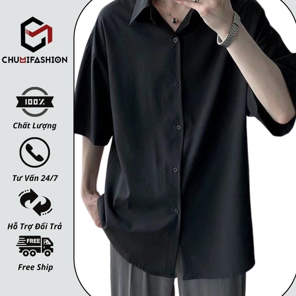 Áo sơ mi CHUMI tay lỡ dáng rộng họa tiết sọc 2 màu trắng đen phong cách hàn quốc cm016