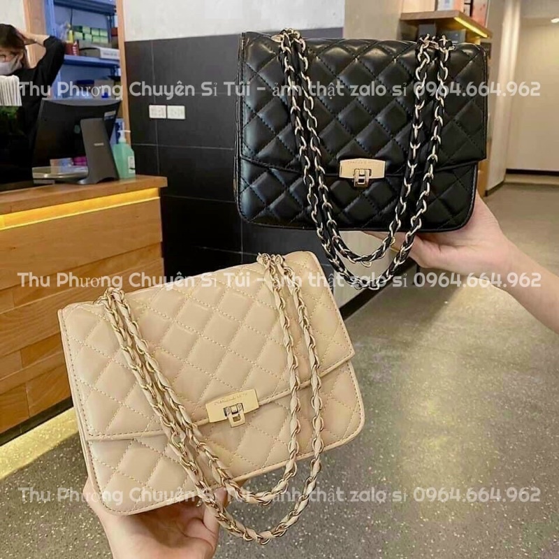 Túi Xách Nữ, Túi Đeo Chéo Trần Trám Khoá Gập Size 24 Dập Logo Đầy Đủ