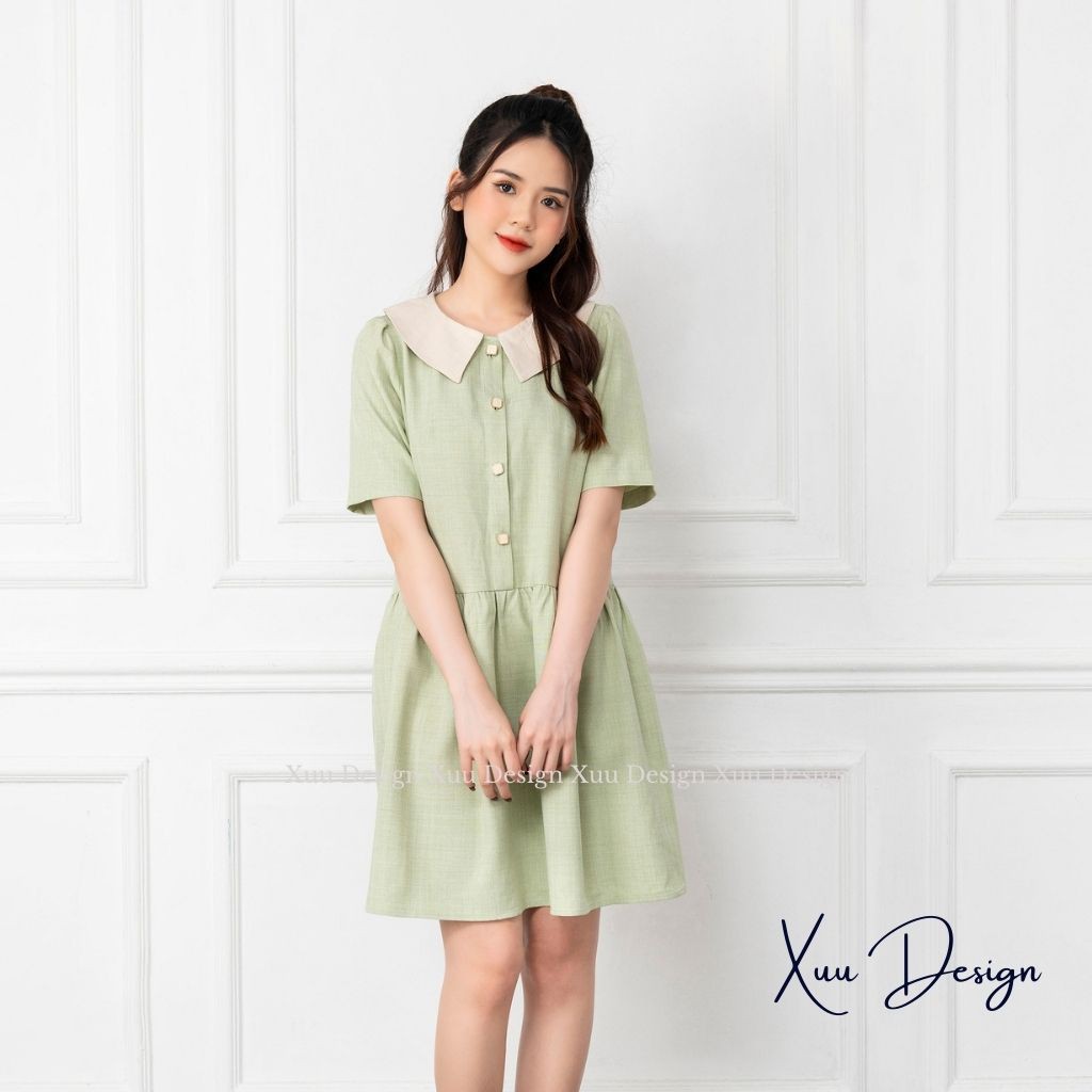 Váy babydoll tay ngắn cổ tròn, đầm suông dáng xòe nhẹ nhàng tiểu thư - Wexuu Design V05