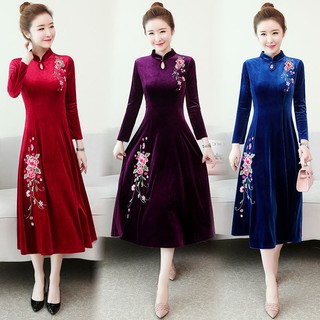 Đầm Sườn Xám Cách Tân Chất Liệu Nhung Phong Cách Retro