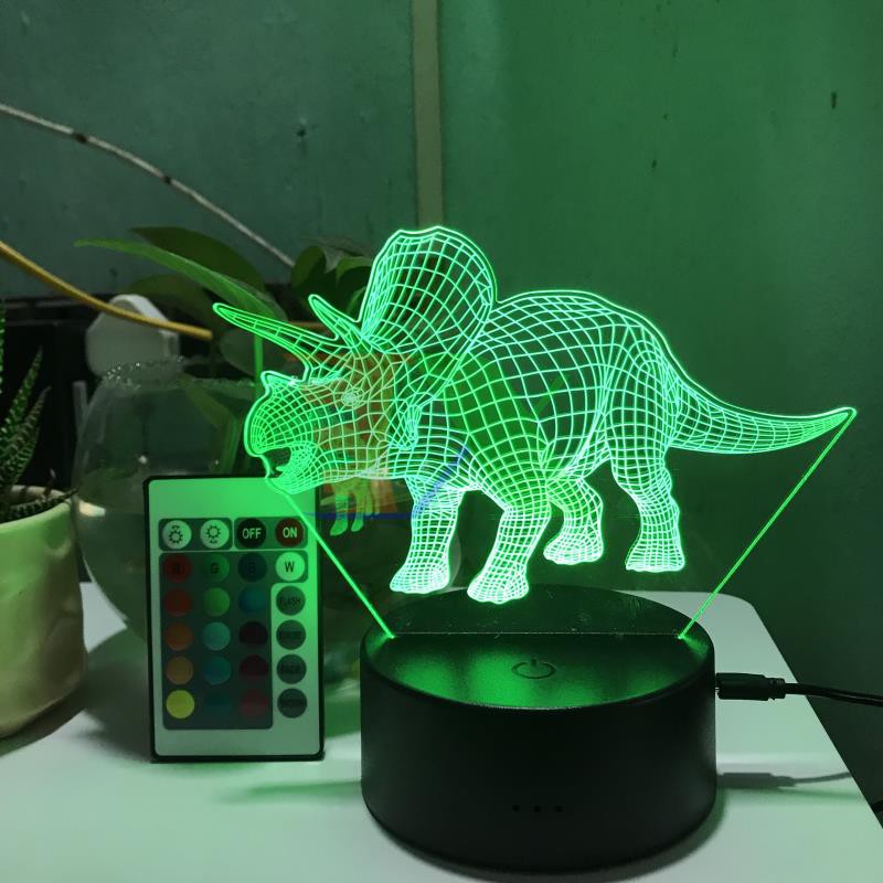 Đèn ngủ, Đèn trang trí Led 3D, Đèn ngủ 16 màu mini có điều khiển hình Khủng Long Triceratops