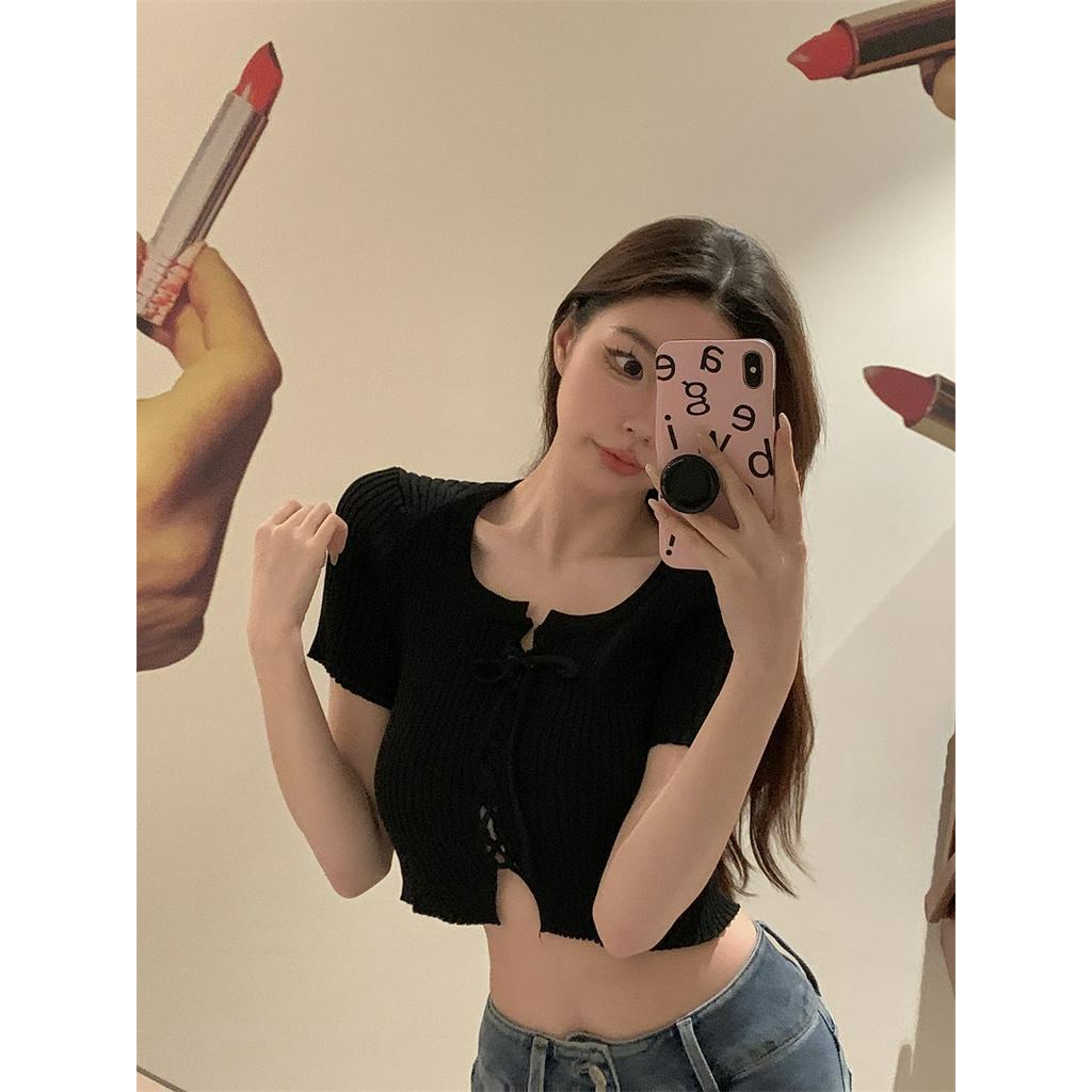 Áo Sweater Dệt Kim Cổ Vuông Cột Dây Dáng Ngắn Thời Trang 61048