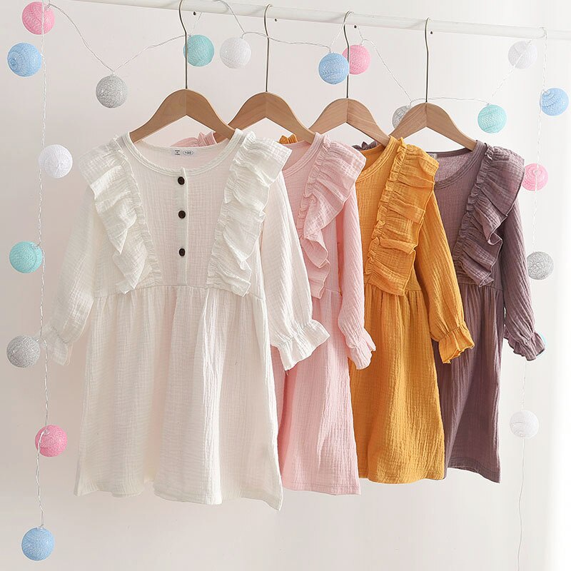 Đầm công chúa BEAR LEADER bằng cotton tay dài màu trơn phong cách xuân thu cho bé gái