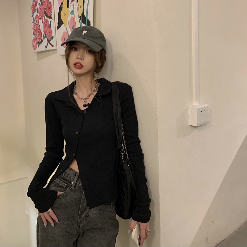 Áo len dài tay mỏng Phụ nữ mùa hè hoang dã Niche Hot girl mỏng xẻ trên