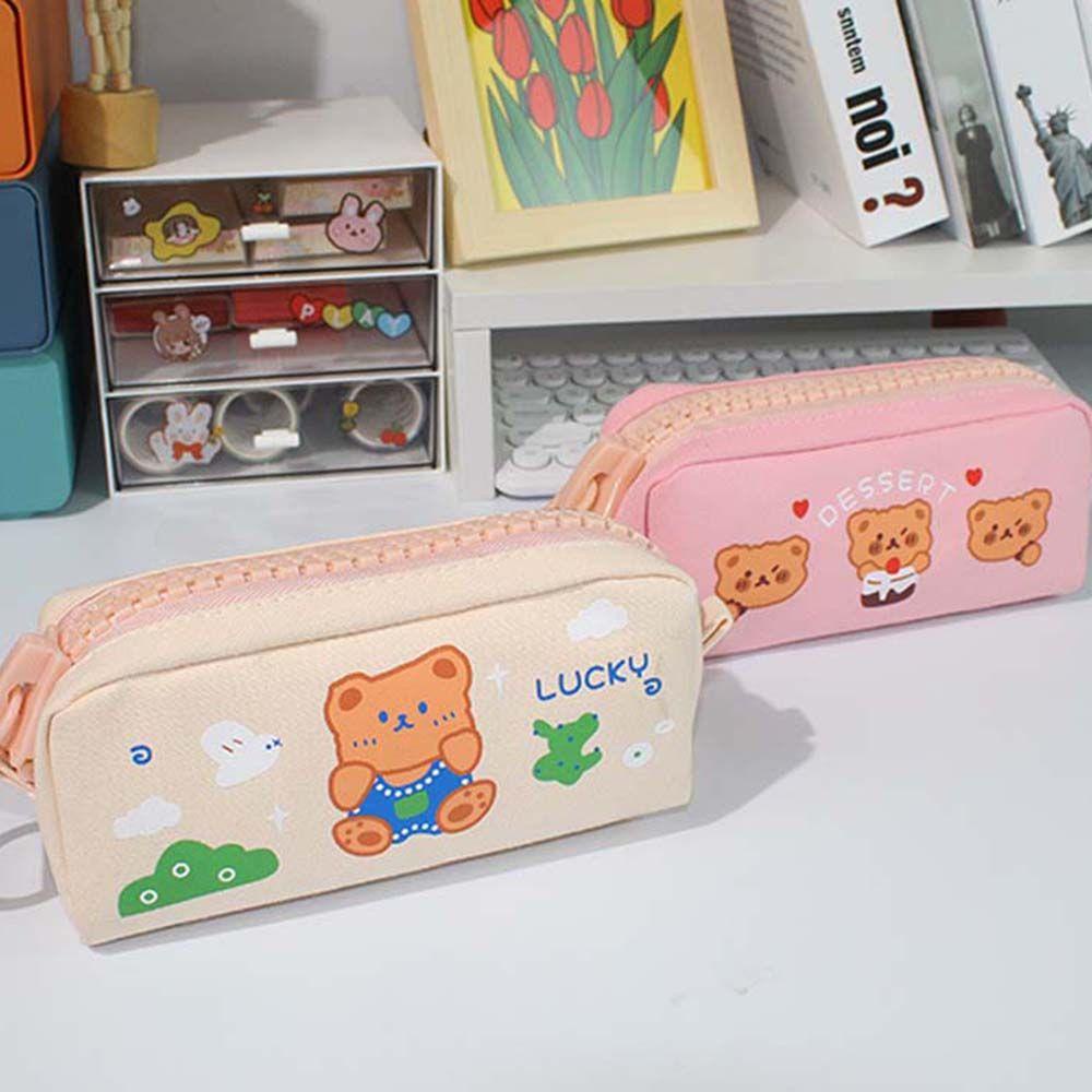 Túi Đựng Bút Bằng Vải Canvas Họa Tiết Gấu Hoạt Hình Dễ Thương Có Khóa Kéo Giá Đỡ